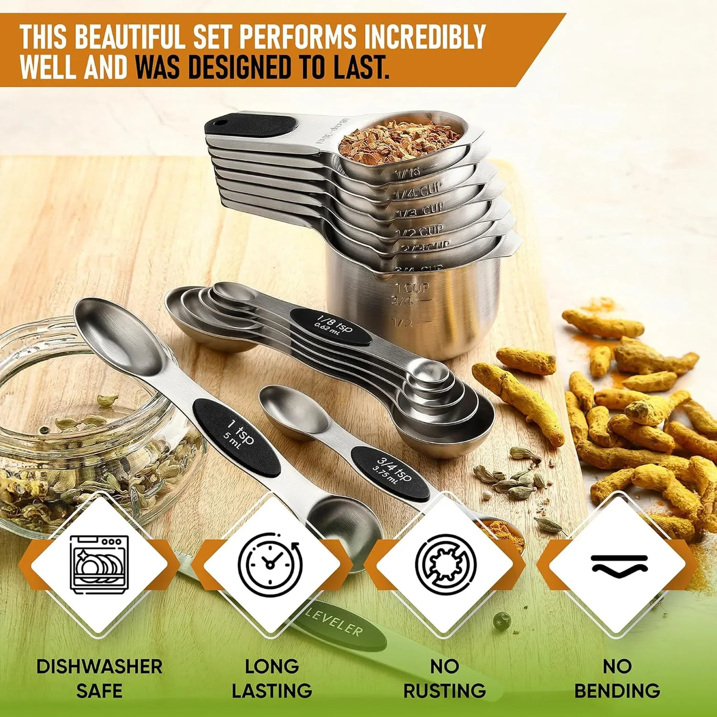 Magnetic Measuring Cups & Spoons Set, Patented, Strong N45 Magnets, Heavy Duty Stainless Steel Fits in Spice Jars for Baking & Cooking, BPA Free, round Set of 15 with Leveler, Black