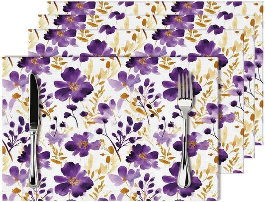 Purple Floral Linen Placemats Set of 4, Gold Accented Flowers Printed Place Mats for Dining Table, Kitchen, Party, Heat Resistant Non-Slip Purple Table Mats, Gift for Wedding, Spring Easter Home Decor