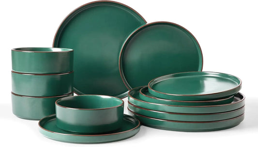 Nebula Ridge Stoneware Dinnerware Sets, Plates and Bowls Sets for 4, 12 Pieces Dishes Set, Microwave and Dishwasher Safe Kitchen Plates, Dark Green