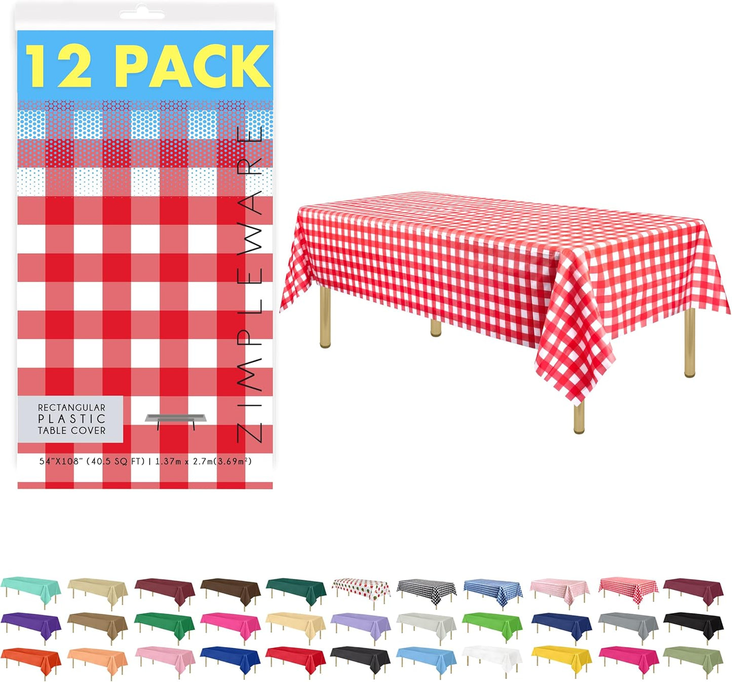 Premium Red Gingham Checkered Plastic Table Cloth Disposable (12 Pk) Plastic Tablecloths for Rectangle Tables (54In X 108In) Party Table Cloths Disposable for 6Ft to 8Ft Rectangle Tables