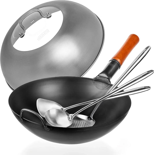 Carbon Steel Wok Pan – 13,5 “ Stir Fry Pans plus Wok Lid 12.8 Inch plus 17" Wok Spatula and Ladle Skimmer Spoon