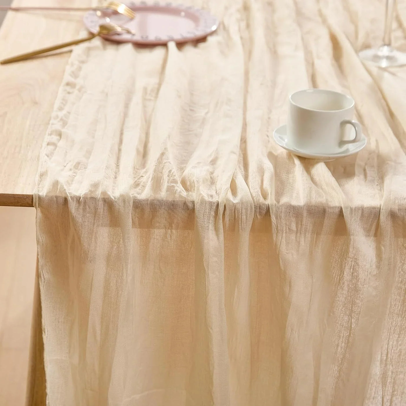 3 Pack Beige Spring Table Runner Boho Cheesecloth Table Runners Bulk 10 Ft Crinkled Gauze Sheer Mother'S Day Table Centerpieces for Wedding Ceremony Anniversary Bridal Baby Shower Banquet