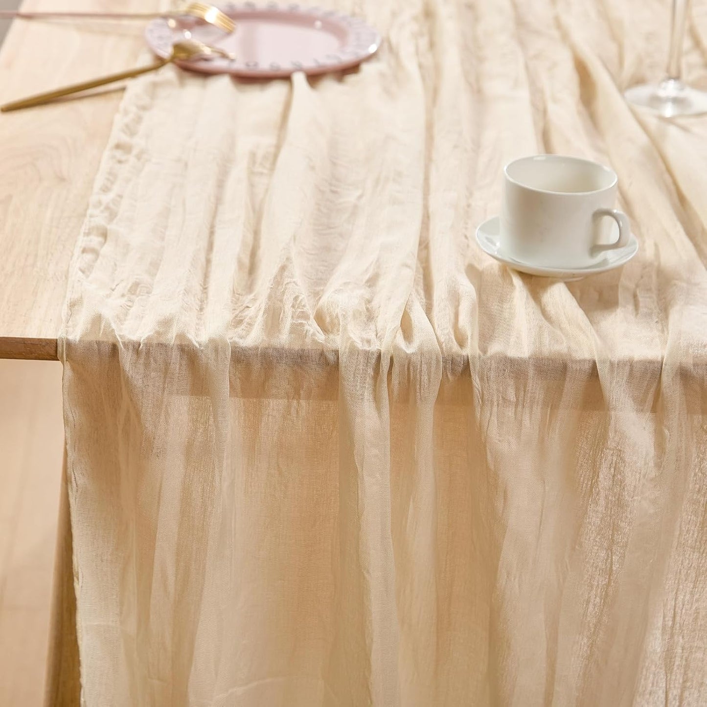 3 Pack Beige Spring Table Runner Boho Cheesecloth Table Runners Bulk 10 Ft Crinkled Gauze Sheer Mother'S Day Table Centerpieces for Wedding Ceremony Anniversary Bridal Baby Shower Banquet