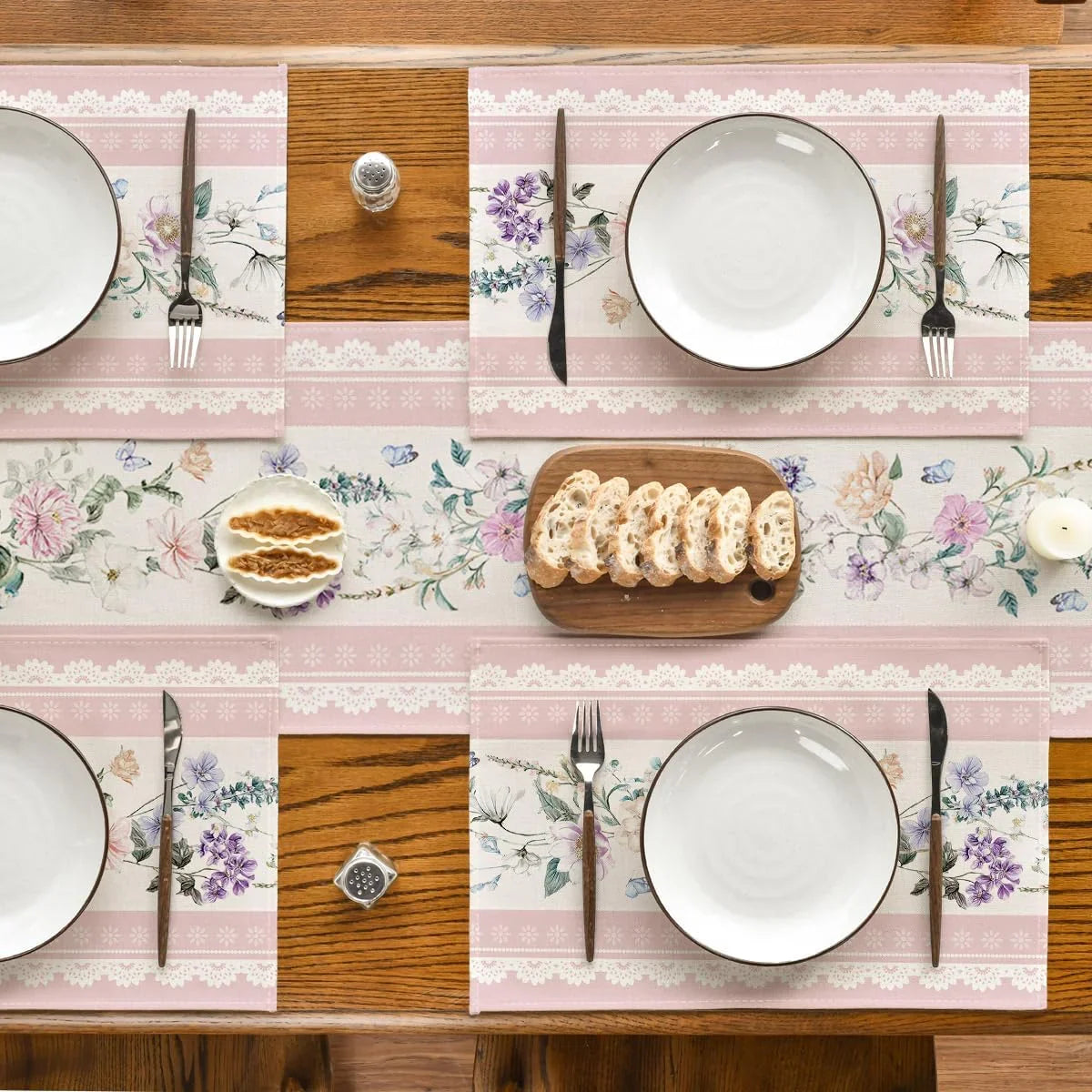 Pink Printed Lace Floral Spring Placemats Set of 4, 12X18 Inch Seasonal Summer Holiday Table Mats for Party Kitchen Dining Decoration