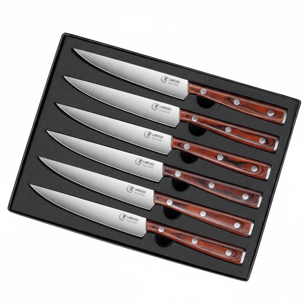 Premium Steak Knives Set of 6 in Gift Box - Polished Wood Handle, HC German Stainless Steel, Straight Edge Non Serrated - 4.8''Dinner Knife, Kitchen Tableware Knives Cutlery Set