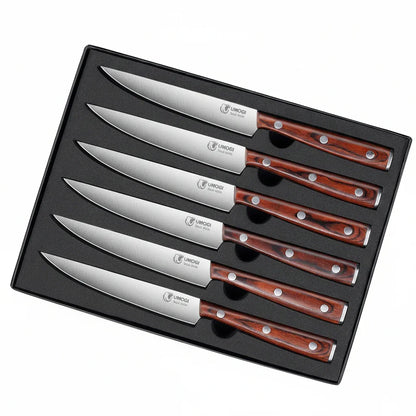 Premium Steak Knives Set of 6 in Gift Box - Polished Wood Handle, HC German Stainless Steel, Straight Edge Non Serrated - 4.8''Dinner Knife, Kitchen Tableware Knives Cutlery Set