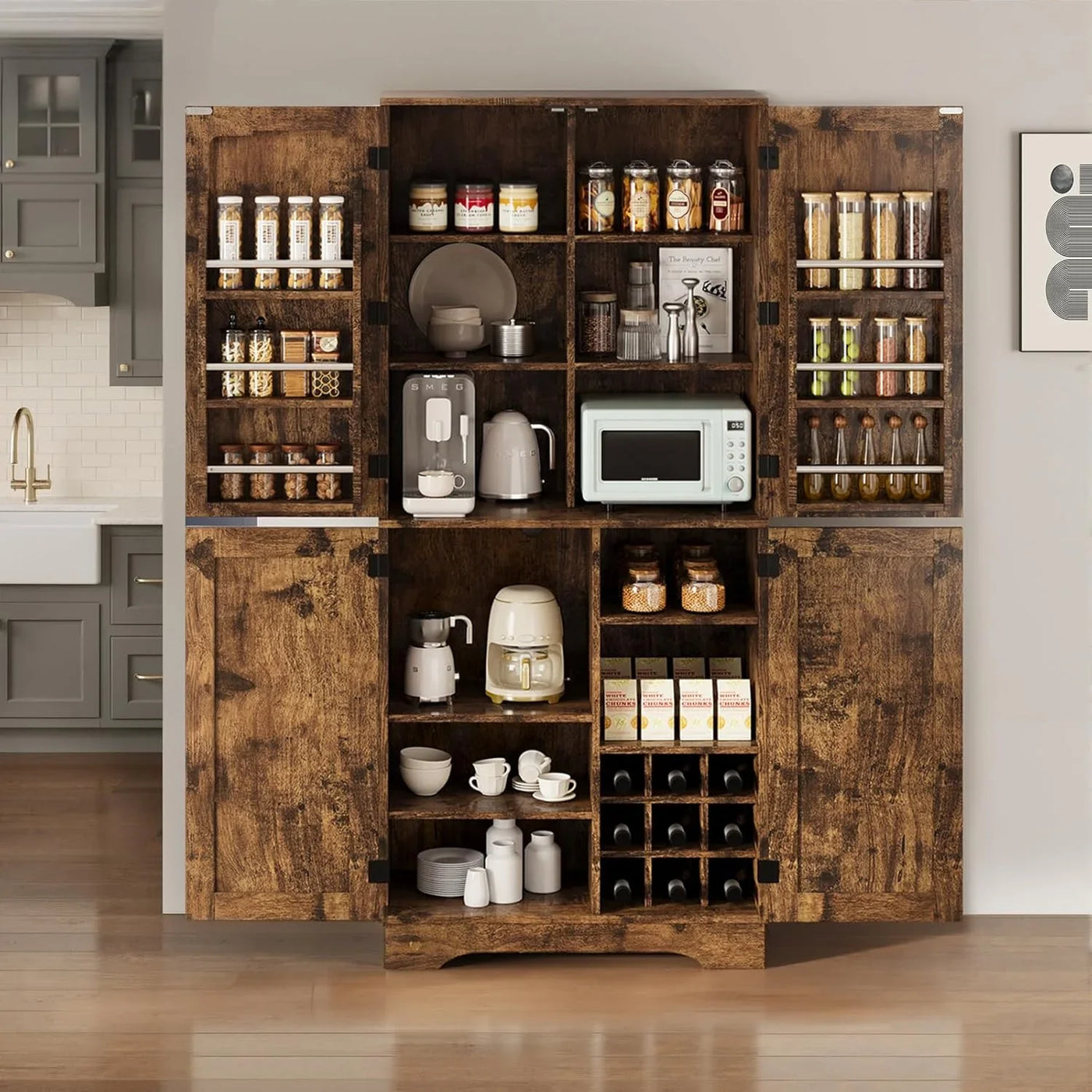 71" Tall Kitchen Pantry, Farmhouse Storage Cabinet with Doors, Shelves, Rustic Wood Cupboard, Built-In Wine Storage Grid & 6 Door Shelves for Kitchen, Dining Room, Rustic Brown