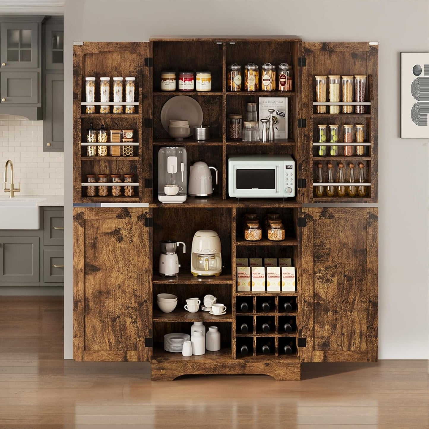 71" Tall Kitchen Pantry, Farmhouse Storage Cabinet with Doors, Shelves, Rustic Wood Cupboard, Built-In Wine Storage Grid & 6 Door Shelves for Kitchen, Dining Room, Rustic Brown