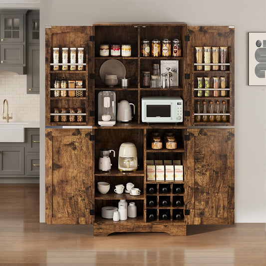 71" Tall Kitchen Pantry, Farmhouse Storage Cabinet with Doors, Shelves, Rustic Wood Cupboard, Built-In Wine Storage Grid & 6 Door Shelves for Kitchen, Dining Room, Rustic Brown