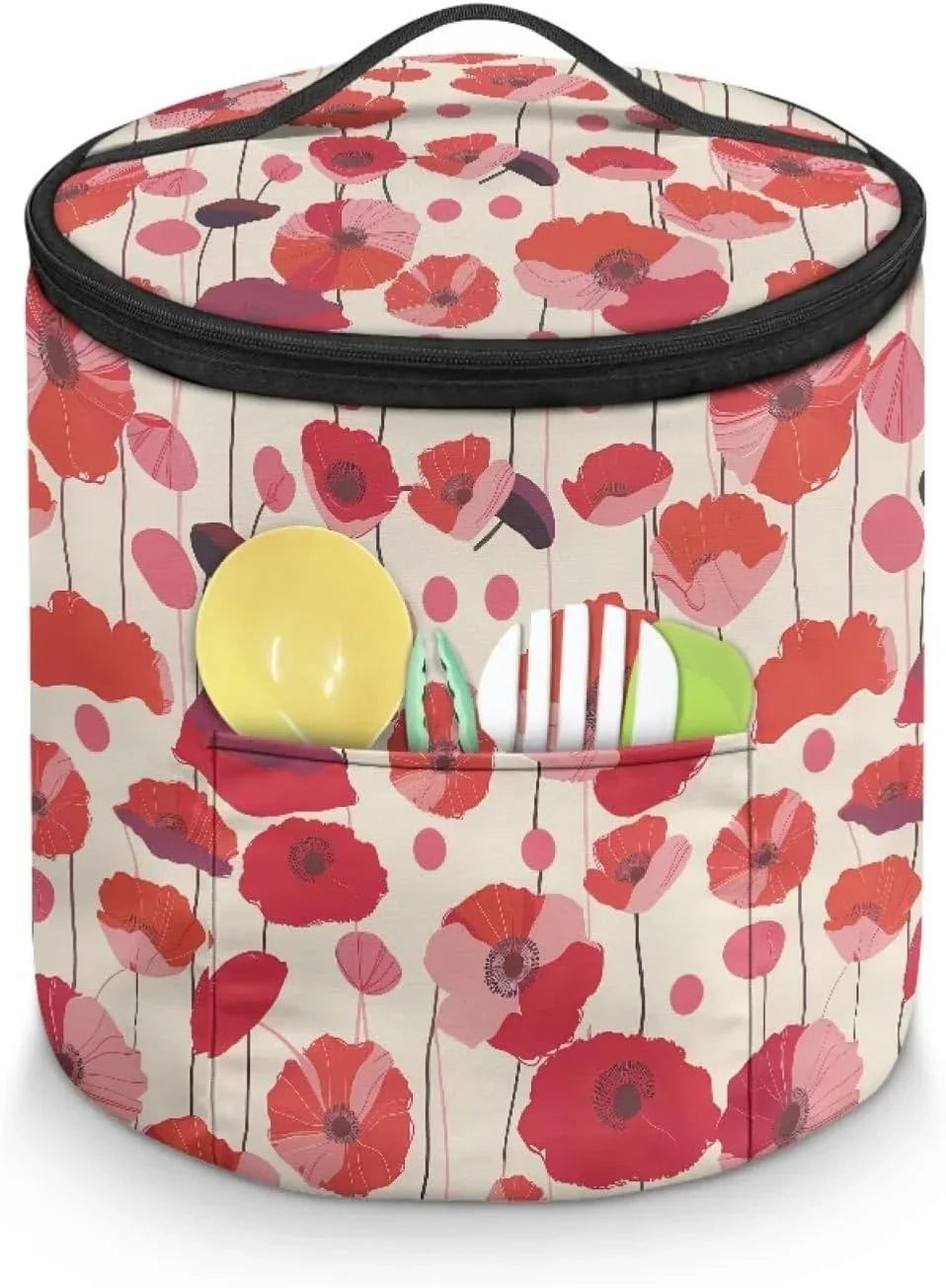 Red Flower Electric Pressure Cooker Insulation Bag Stain Resistant Reusable Electric Pressure Cooker Bag with Top Padding Handle