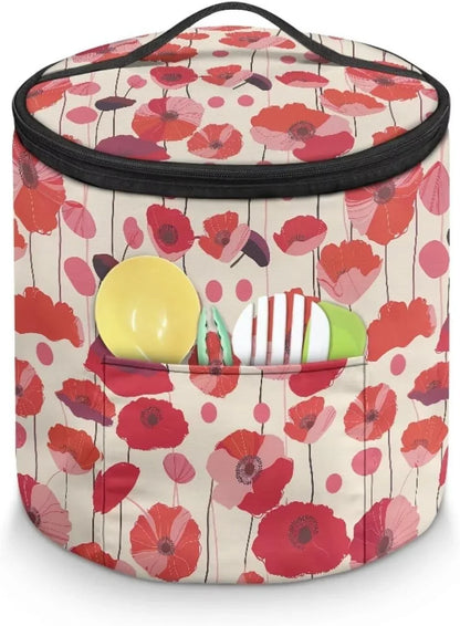 Red Flower Electric Pressure Cooker Insulation Bag Stain Resistant Reusable Electric Pressure Cooker Bag with Top Padding Handle