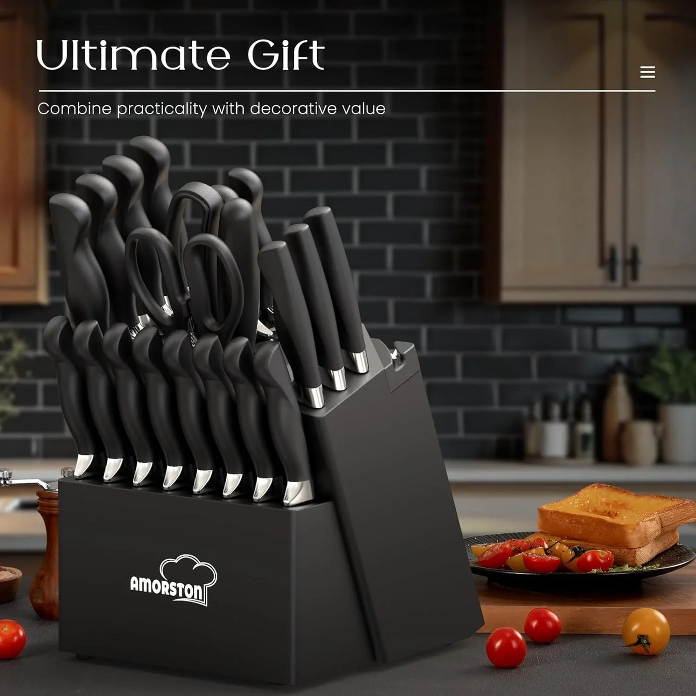 Knife Set,  21 Pieces Kitchen Knife Set with Block and Sharpener, Ultra-Sharp Knives Set with Ergonomic Handles, Black German Stainless Steel Knife Block Set, Dishwasher Safe