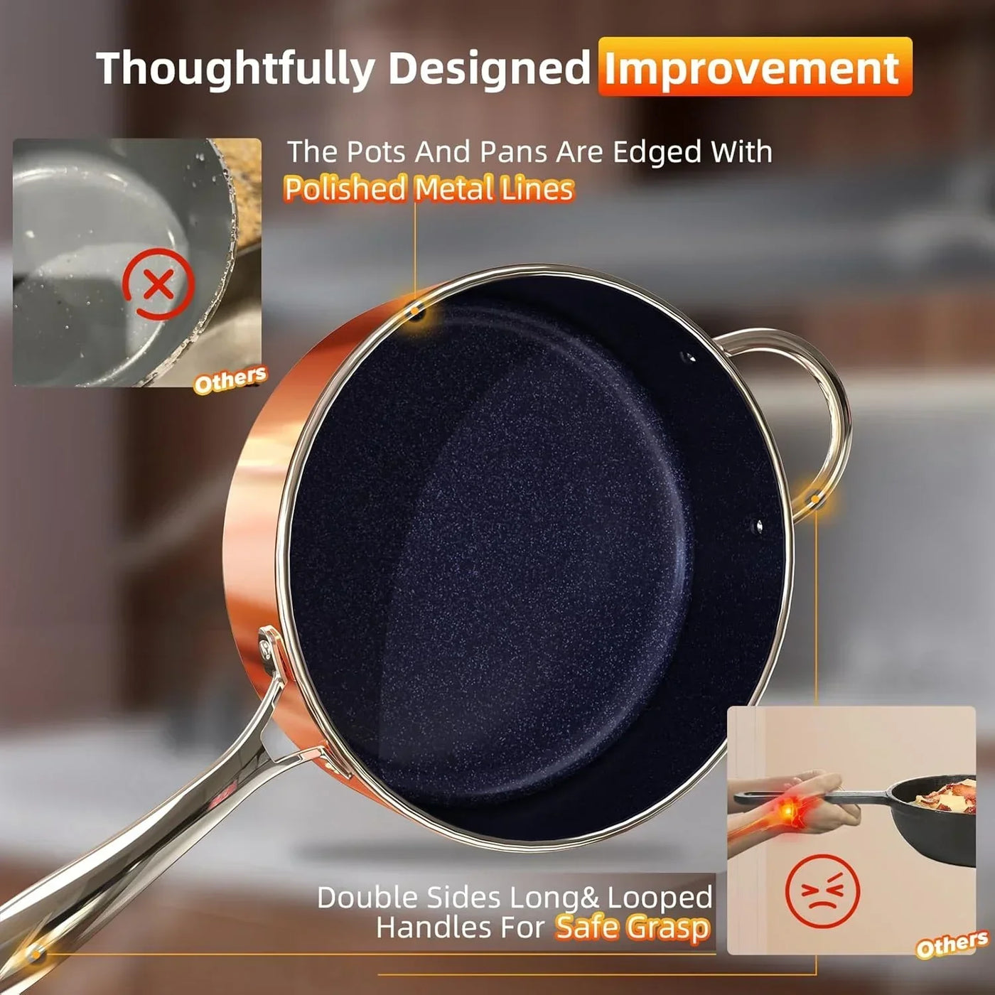 Nonstick frying pan with polished metal rim and double looped handles for safe grip, kitchen cookware