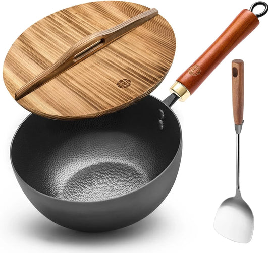 Carbon Steel Wok with Lid, 8.7" Small Wok & Stir Fry Pan, Professional Heavy Gauge Flat Bottom for Electric/Induction Stoves, Premium Personal Size Skillet for Solo Cooking (Black)