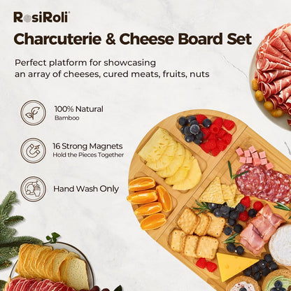 Charcuterie Board and Serving Set -Natural Bamboo Cheese Board Snack Tray Set with Magnetic - House Warming Gifts New Home, Wedding Gift for Couple, Bridal Shower Gift, Perfect for Party