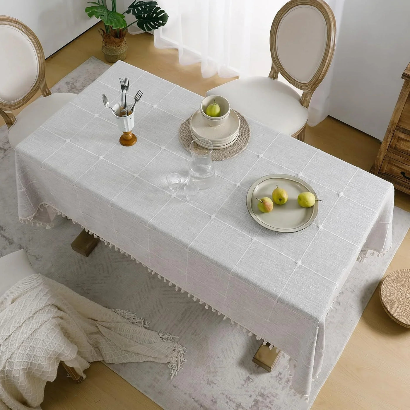 Outdoor Tablecloth Rectangle, Waterproof Linen Cotton Farmhouse Table Cloths with Tassel, Heavy Weight Wrinkle Free Boho Table Cover for Picnic Camping Dining - 55 X 70 Inch, Grey Plaid