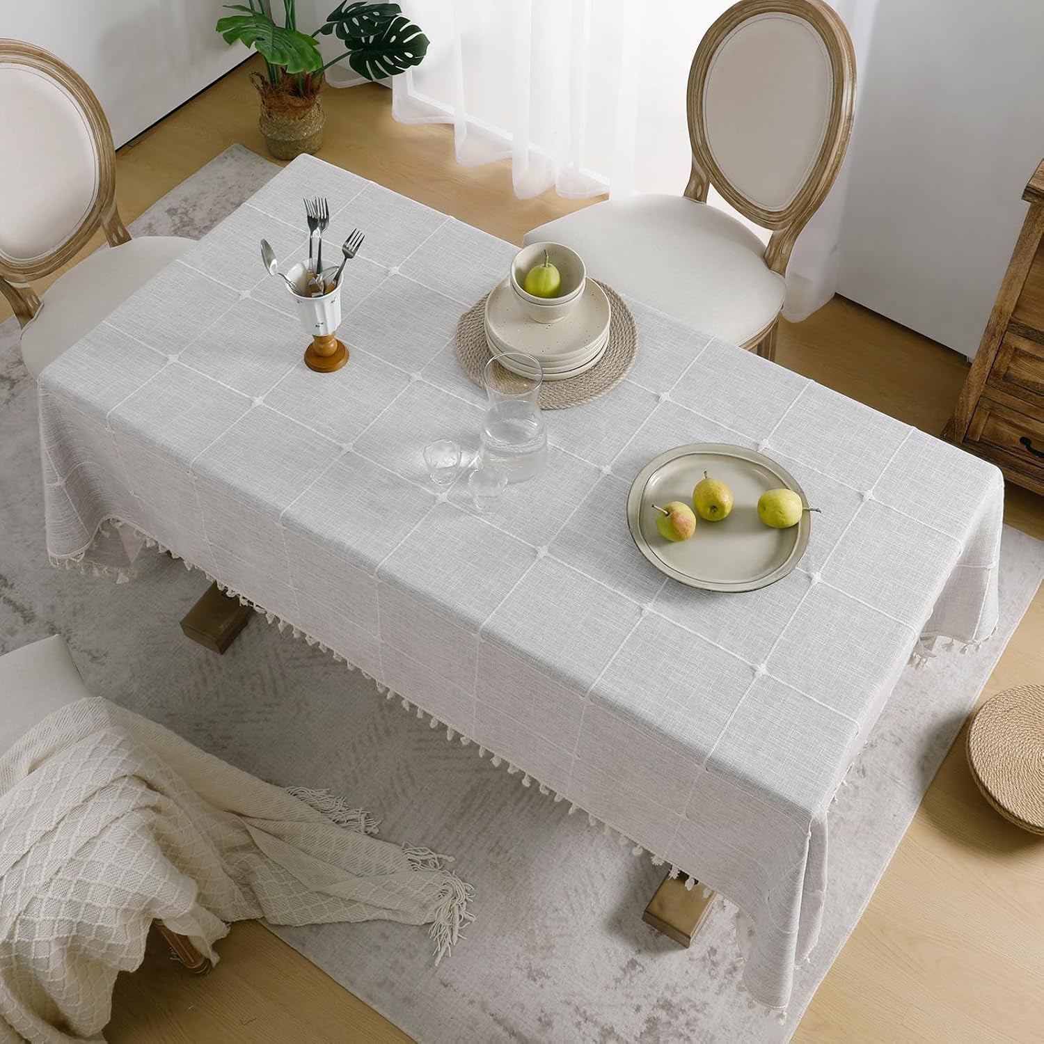 Outdoor Tablecloth Rectangle, Waterproof Linen Cotton Farmhouse Table Cloths with Tassel, Heavy Weight Wrinkle Free Boho Table Cover for Picnic Camping Dining - 55 X 70 Inch, Grey Plaid