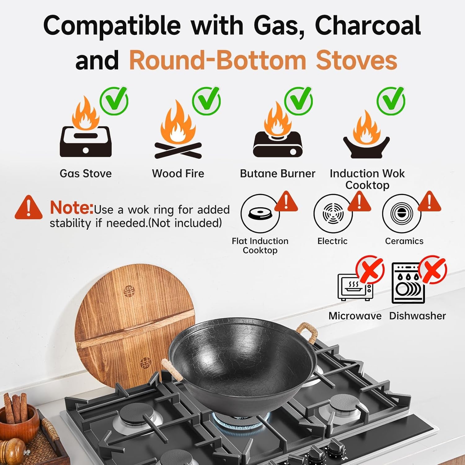 11.8" round Bottom Cast Iron Wok - Small Traditional Pow Wok for Camping & Open Fire - Gas Stove Compatible (Wok Ring Required) - Uncoated Stir Fry Pan with Cleaning Brush