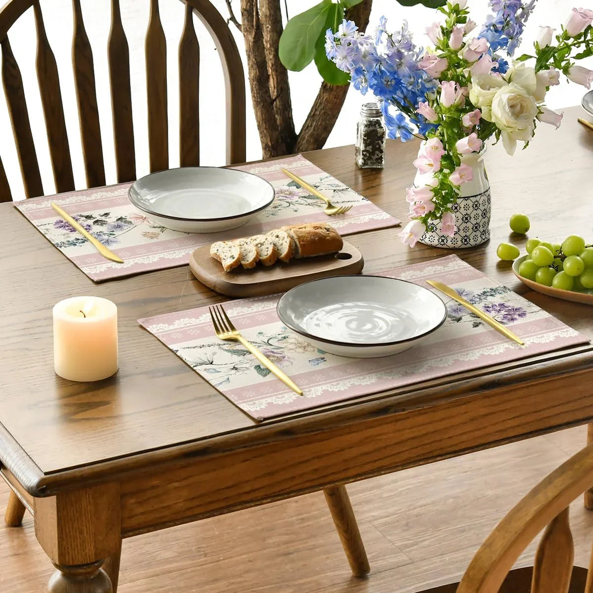 Pink Printed Lace Floral Spring Placemats Set of 4, 12X18 Inch Seasonal Summer Holiday Table Mats for Party Kitchen Dining Decoration