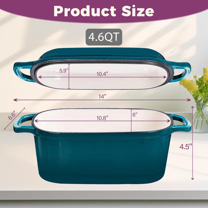 4.6-Quart Oval Dutch Oven for Bread Baking, 2 in 1 Enameled Cast Iron Bread Pan with Lid, Sourdough Bread Dutch Oven for a Crispy Crust, Teal