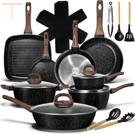 25 Pcs Pots and Pans Set, Nonstick Ceramic Cookware Sets, Healthy Non-Toxic, Large Capacity, Induction Compatible, Cooking Set with Frying Pans & Saucepans, PFAS/PTFE/PFOA Free, Classic Black