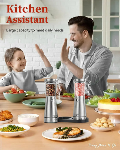 Electric Salt and Pepper Grinder Set with Storage Base, Stainless Steel Rechargeable Salt and Pepper Grinder Set with 4.5 Oz Large Capacity, 1.8" Wide Mouth, Adjustable Coarseness, Ideal for Kitchen