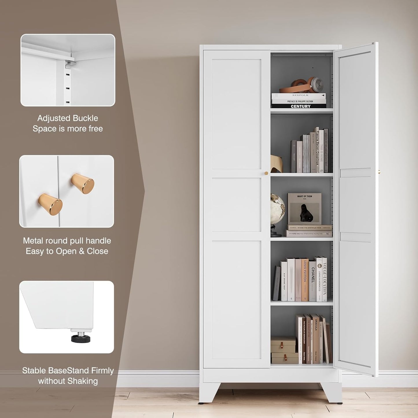 Metal Pantry Cabinet, 75" Kitchen Pantry with 2 Door and 4 Adjustable Shelves,White Metal Pantry Storage Cabinet,Cupboard for Kitchen,Dining Room,Living Room and Bathroom