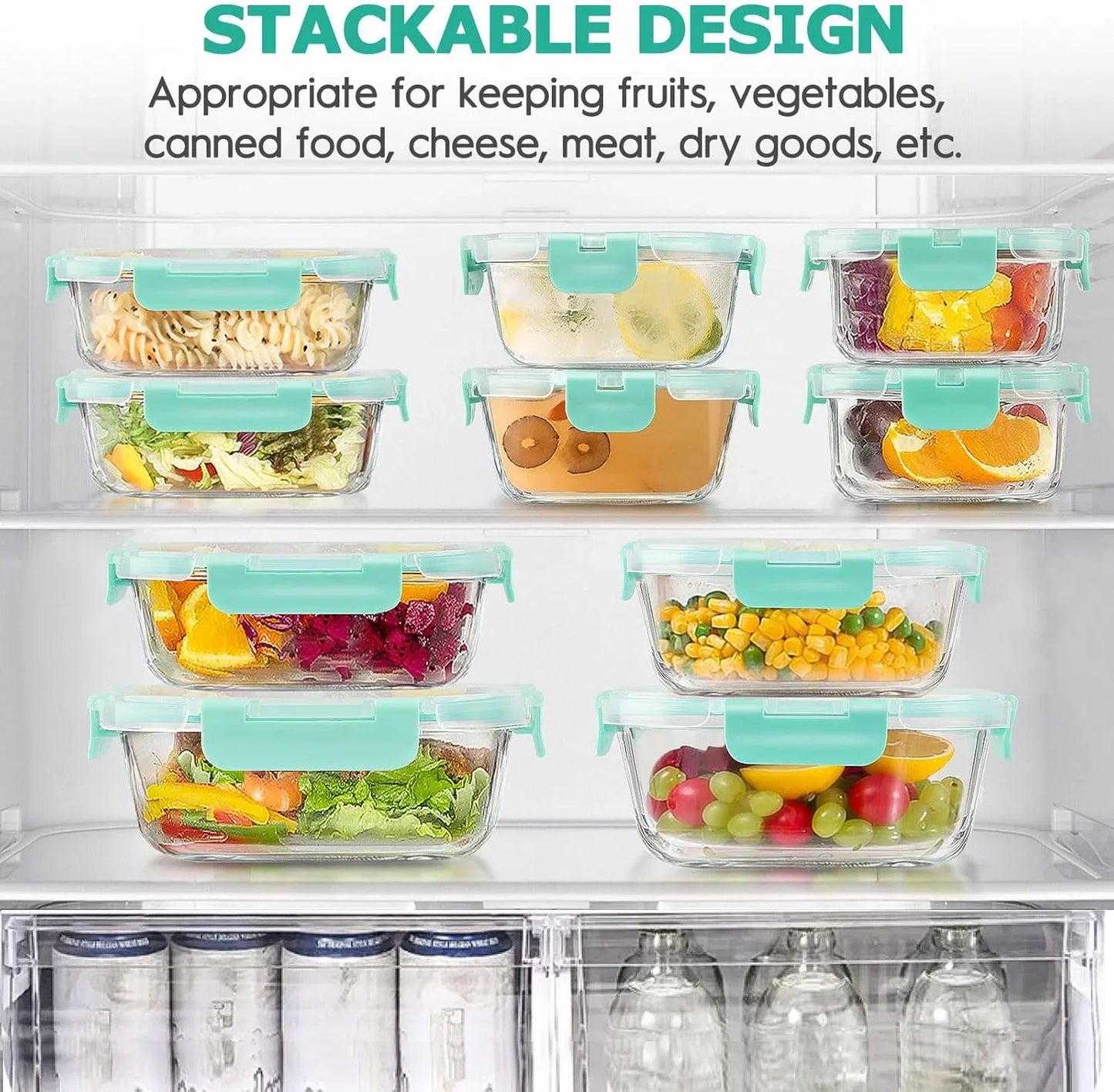 34Pcs Glass Food Storage Containers with Lids Set, Airtight Glass Meal Prep Containers (17 Containers & 17 Lids), Leak Proof Lunch Container Bpa-Free, Microwave, Oven, Freezer, Dishwasher Safe-Green