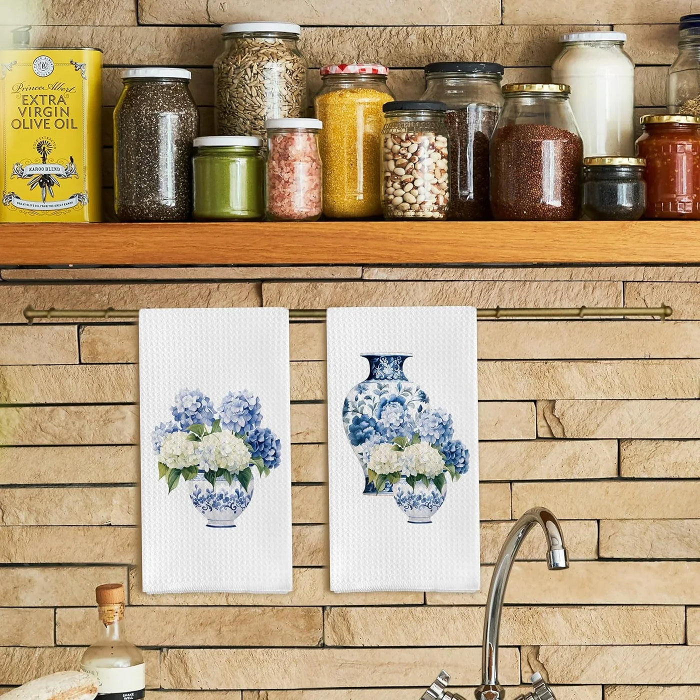 Blue and White Porcelain Chinoiserie Kitchen Towels Set of 2, Hydrangea Floral Dish Towels Tea Towels for Kitchen, Chinoiserie Decor Hand Towels for Bathroom, Grand Millenial Decor 16X24 Inch