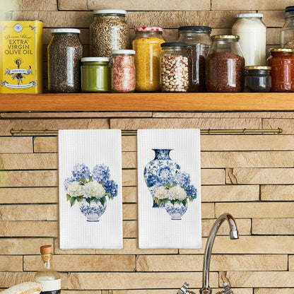 Blue and White Porcelain Chinoiserie Kitchen Towels Set of 2, Hydrangea Floral Dish Towels Tea Towels for Kitchen, Chinoiserie Decor Hand Towels for Bathroom, Grand Millenial Decor 16X24 Inch