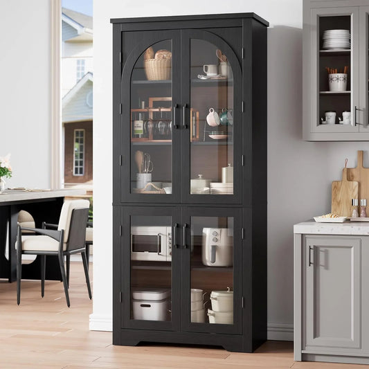 70" Tall Kitchen Pantry Cabinet - Modern Display Cabinet with 4 Arched Glass Doors and Adjustable Shelves, Versatile Cupboard Organizers for Kitchen, Dining Room, Living Room, Bathroom, Black
