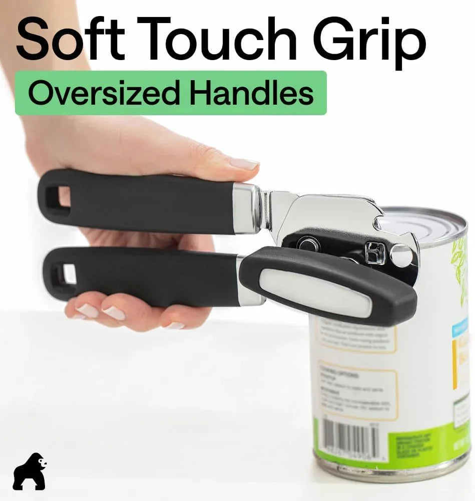 Soft touch grip can opener with oversized handles for easy use in kitchen