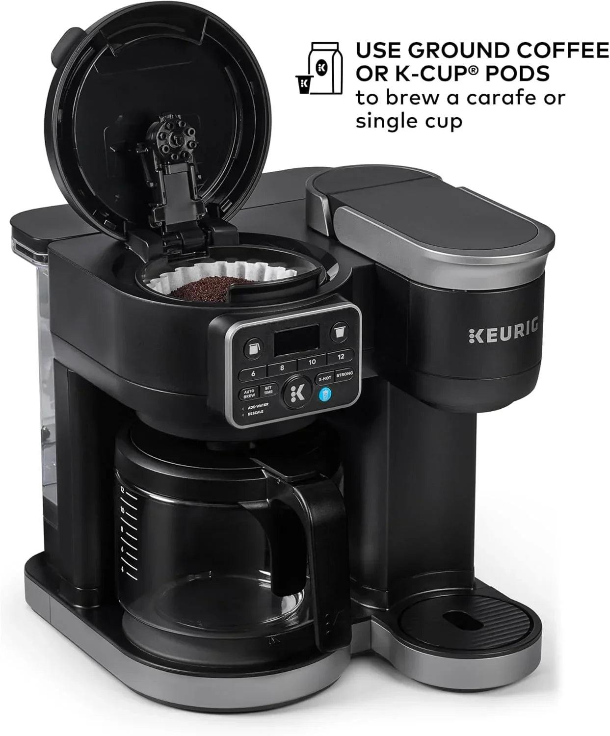 Keurig coffee maker with ground coffee and K-Cup pods for brewing carafe or single cup