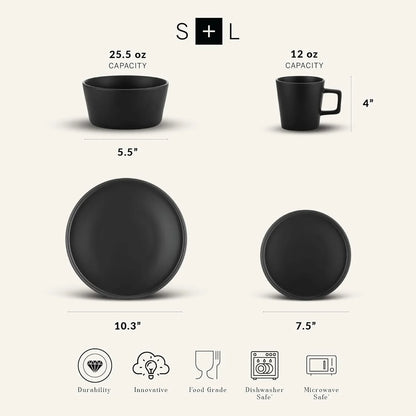 Celina Stoneware 16 Piece Modern Dinnerware Set, Plates and Bowls, Black Matte, Service for 4, Microwave & Dishwasher Safe