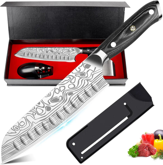 7" Santoku Knife,High Carbon Stainless Steel Chef Knife,Kitchen Nakiri Knife with Finger Guard and Knife Sharpener,Chef Knife Gift Box for Family,For Family and Friends