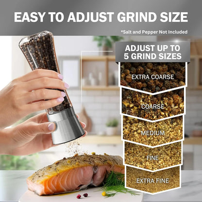 Premium Stainless Steel Sea Salt and Pepper Grinder Set of 2 - Adjustable Ceramic - Tall Glass Salt and Pepper Shakers - Kitchen Spice Mill W/Funnel & Ebook