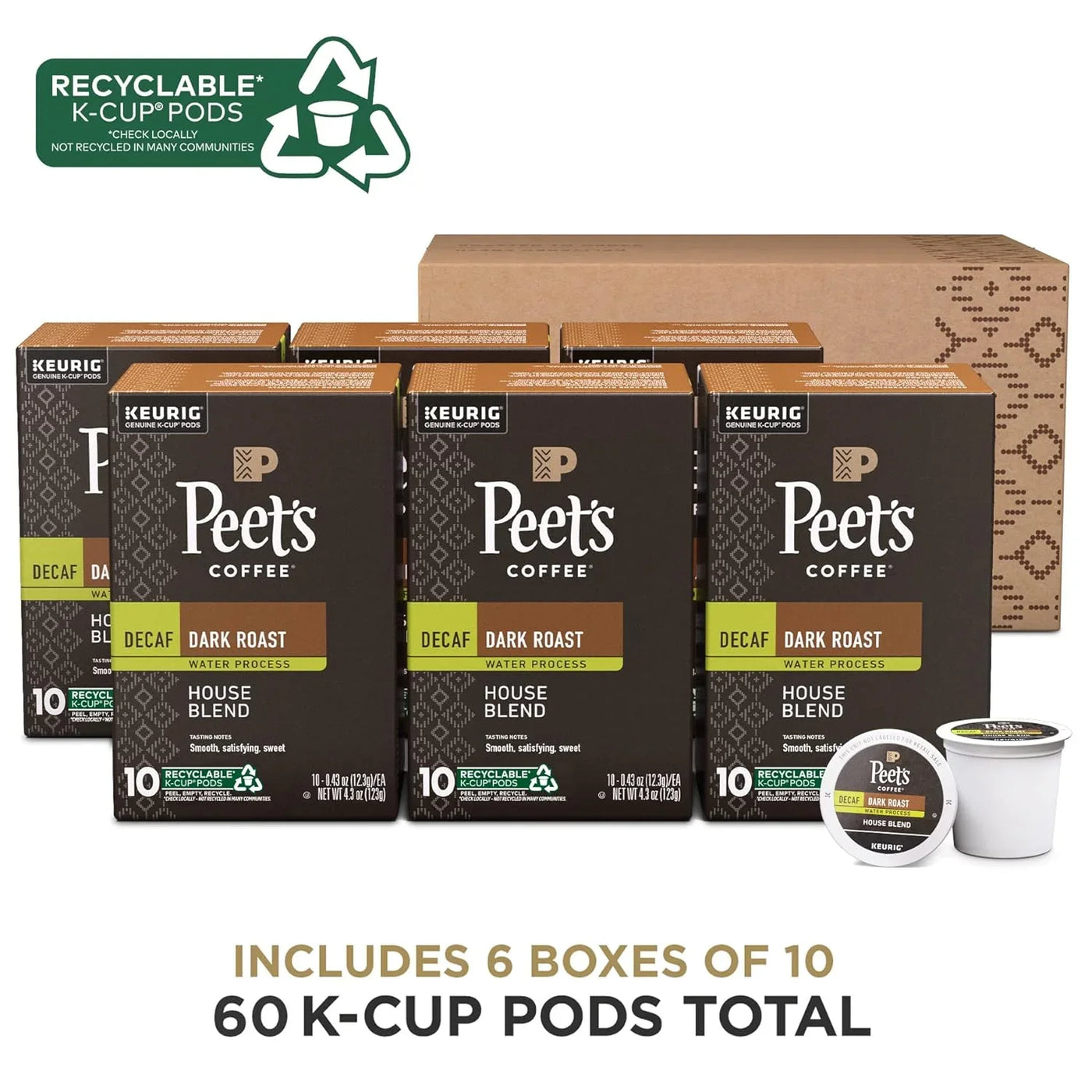 , Dark Roast Decaf Keurig K-Cup Pods, Decaffeinated Arabica Coffee - Decaf House Blend 60 Count (6 Boxes of 10 K-Cup Pods)