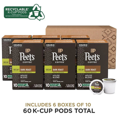 , Dark Roast Decaf Keurig K-Cup Pods, Decaffeinated Arabica Coffee - Decaf House Blend 60 Count (6 Boxes of 10 K-Cup Pods)
