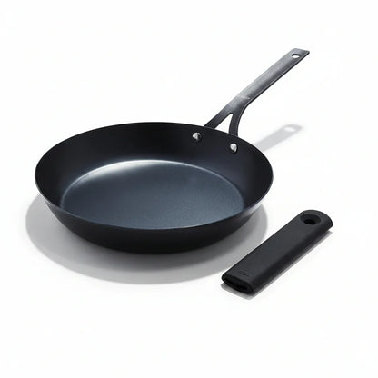 Obsidian Pre-Seasoned Carbon Steel, 10" Frying Pan Skillet with Removable Silicone Handle Holder, Induction, Oven Safe, Black