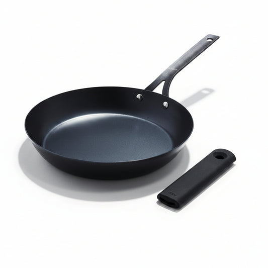 Obsidian Pre-Seasoned Carbon Steel, 10" Frying Pan Skillet with Removable Silicone Handle Holder, Induction, Oven Safe, Black