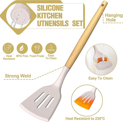 Thickened Silicone Cooking Utensils Set-  Khaki Kitchen Utensils Set, 34PCS Heat Resistant Kitchen Gadgets Tools Set with Grater, Bpa-Free Kitchen Spatula Set for Nonstick Cookware
