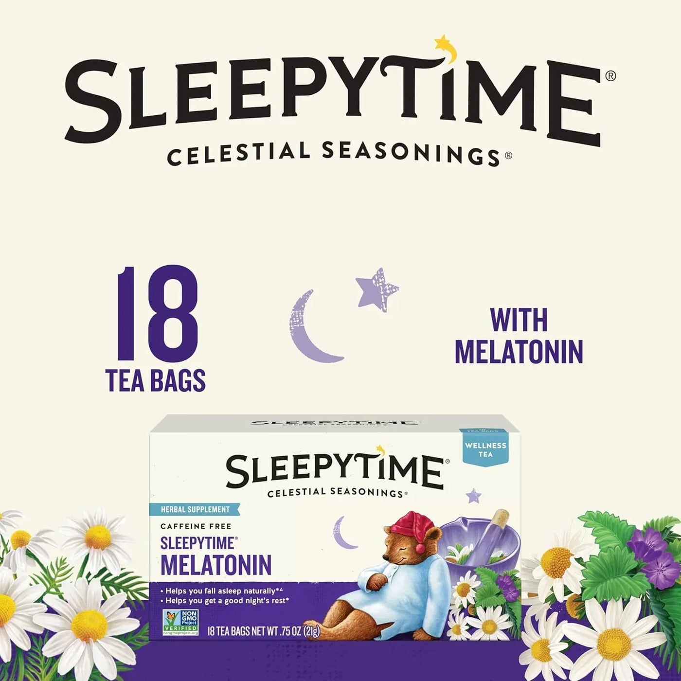 Celestial Seasonings Sleepytime Melatonin tea box with 18 caffeine-free herbal tea bags, featuring chamomile flowers and a sleeping bear.