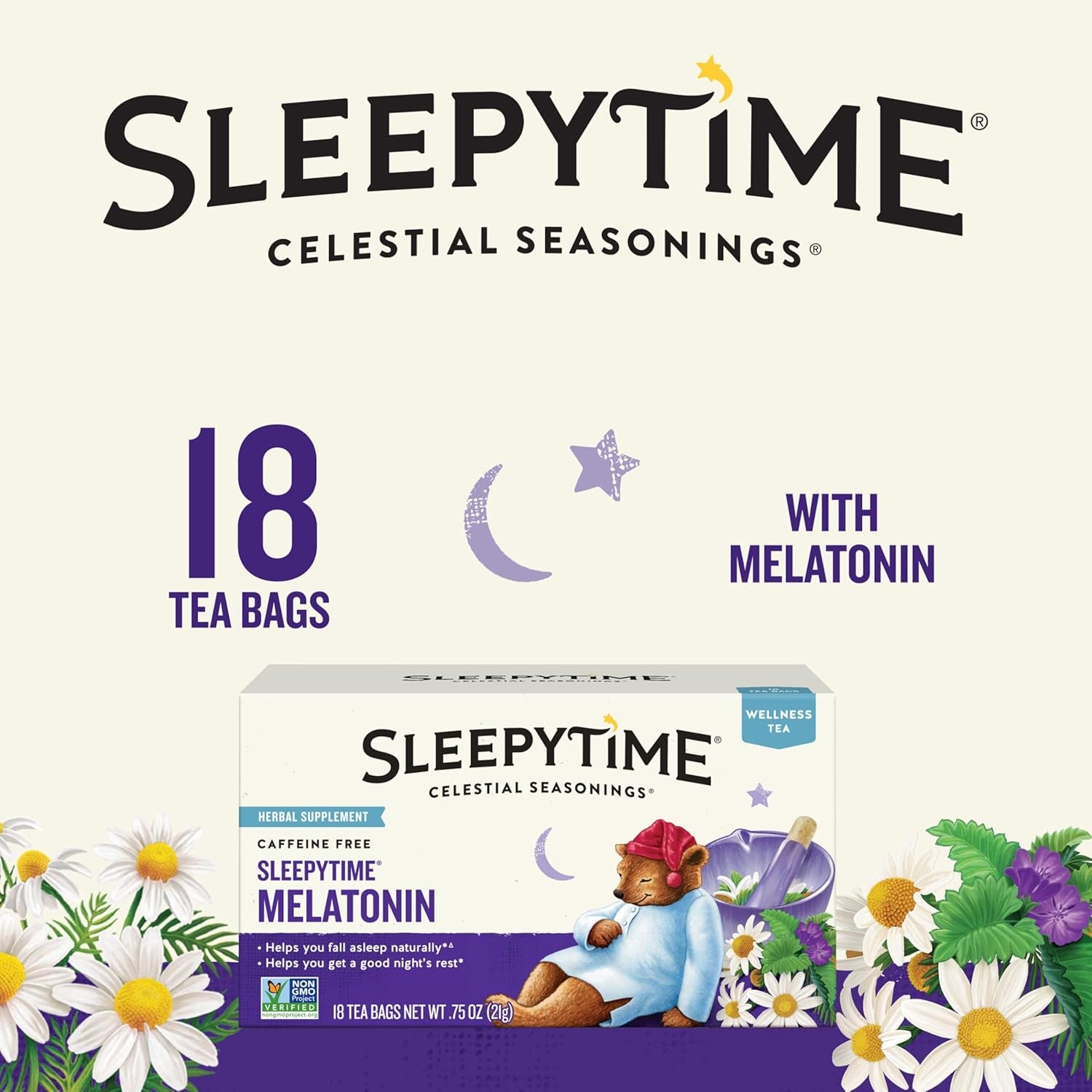 Sleepytime Tea plus Melatonin, Caffeine Free,  Herbal Tea, 18 Bag Box
