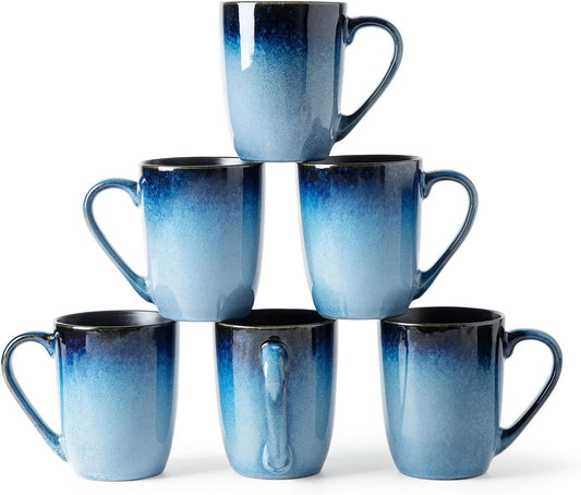Coffee Mugs Sets, Large Ceramic Coffee Mugs，Modern Coffee Mugs Set with Handle for Tea/Latte/Cappuccino/Milk/Cocoa, Funny Tea Cups for Office and Home (6, Ice-Snow Blue(14Oz))