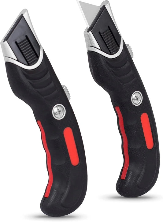 Ergonomic Utility Knife Set | Retractable Box Cutter with Rubber Handle | for Cutting Cardboard, Carpet & Plastic | Blade Storage in Handle | Includes 2 Razor Knives & 3 Extra Blades