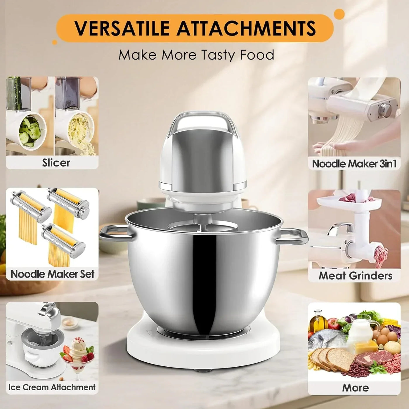 Stand mixer with versatile attachments for slicing, noodle making, grinding, and ice cream