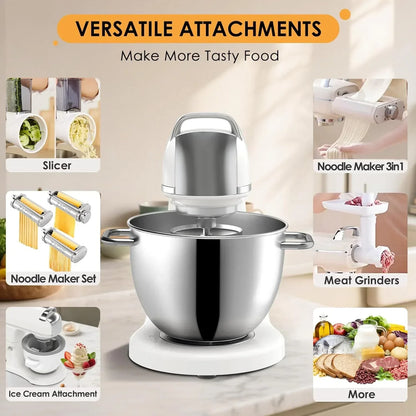 Stand mixer with versatile attachments for slicing, noodle making, grinding, and ice cream