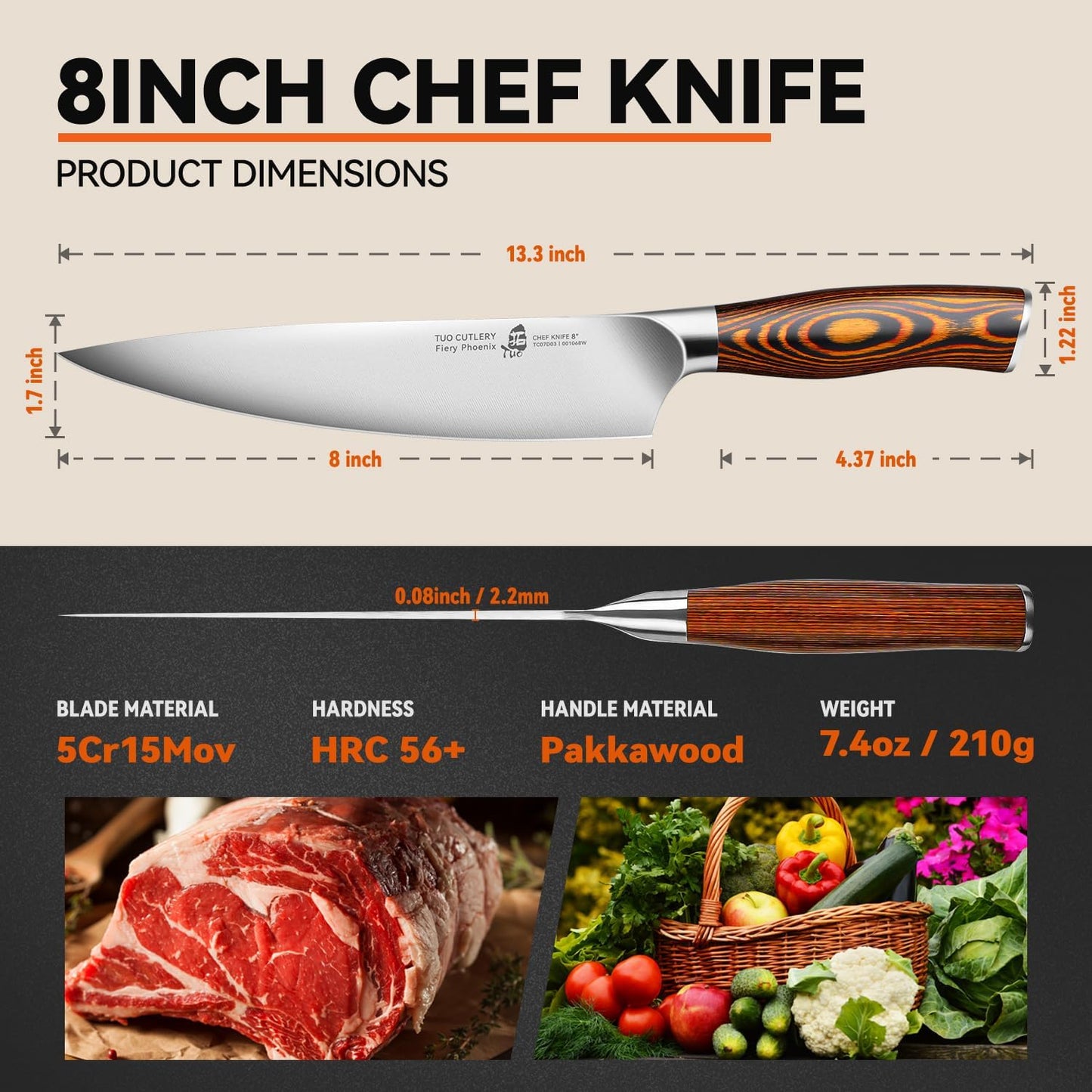 Chef Knife, 8 Inch Sharp Kitchen Knife with Pakkawood Handle, High Carbon Steel, Professional for Chopping & Dicing, Gift Box - Fiery Phoenix Series