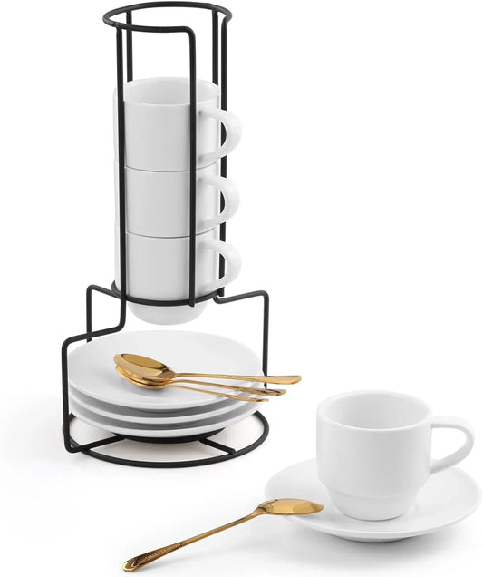 3-Ounce Espresso Cups with Saucers, Spoons and Metal Stand, Small Stackable Coffee Cups Set of 4, Ceramic Demitasse Mugs, White