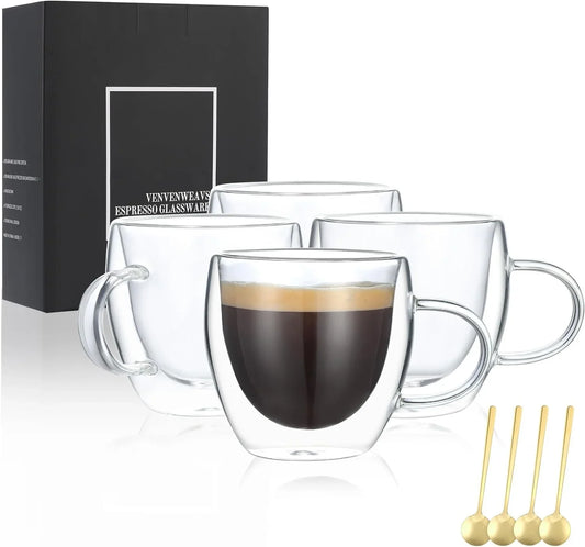 Espresso Cups Set of 4,Double Wall 5OZ Hand Blown Coffee Shots Glass,Espresso Coffee Mugs in Gift Box,Perfect for Espresso,Latte,Cappuccinos,Tea Bag,Juice
